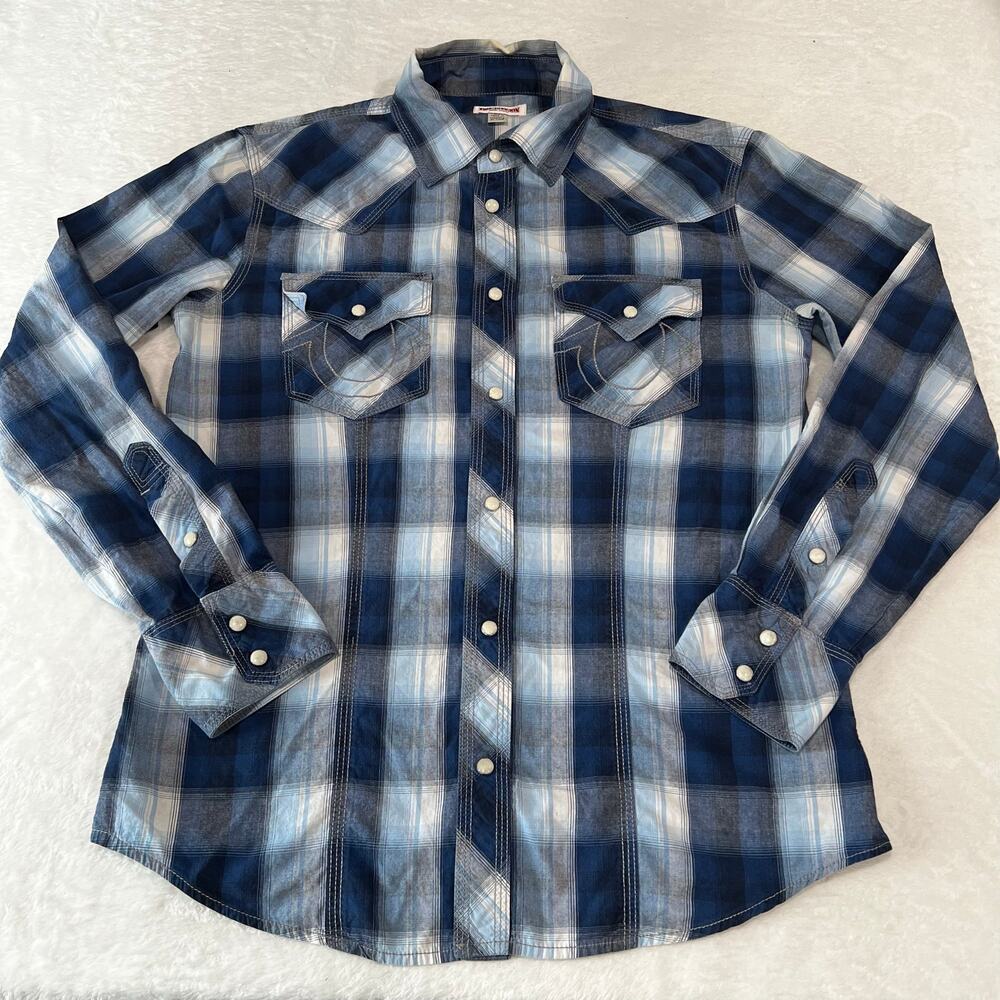 True Religion Blue plaid pearl snap western button down shirt men’s size Medium